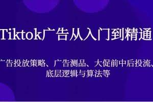 Tiktok广告从入门到精通，广告投放策略、广告测品、大促前中后投流、底层逻辑与算法等