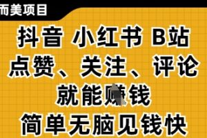 小而美的项目，抖音小红书B站视频点赞、关注、评论就能挣钱，简单无脑立见收益，妥妥的零撸项目【揭秘】