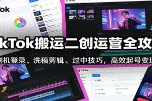 TikTok搬运二创运营全攻略：刷机登录、洗稿剪辑 、过中技巧，高效起号变现