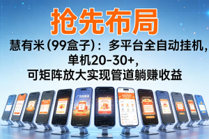 抢先布局慧有米（99盒子）：多平台全自动挂机，单机20-30+，可矩阵实现管道躺赚