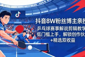 （18069期）抖音8W粉丝博主亲授：乒乓球赛事解说剪辑教学，低门槛上手，解锁创作伙伴+精选双收益