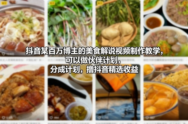 抖音某百万博主的美食解说视频制作教学，可以做伙伴计划，分成计划，撸抖音精选收益